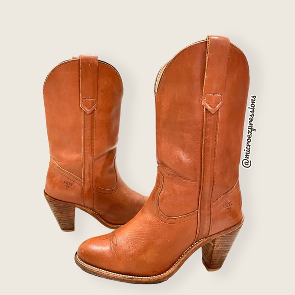 Frye Shoes - VINTAGE 1980's Frye Pull On Cognac Brown Leather Cowgirl Southern Heeled Boot